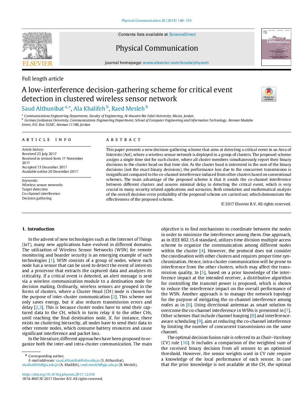 A low-interference decision-gathering scheme for critical event detection in clustered wireless sensor network