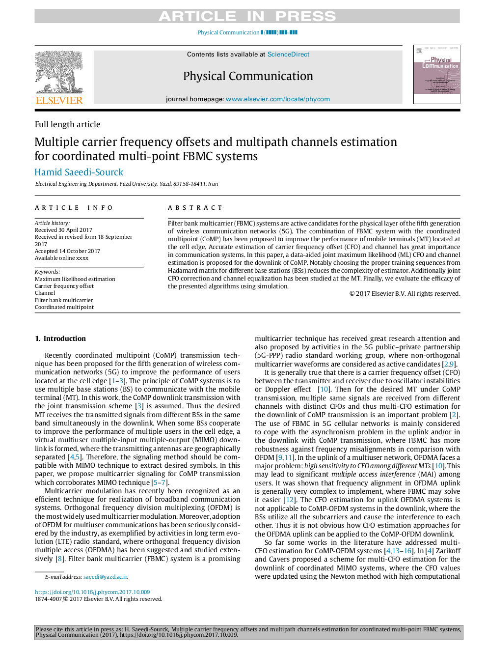 Multiple carrier frequency offsets and multipath channels estimation for coordinated multi-point FBMC systems