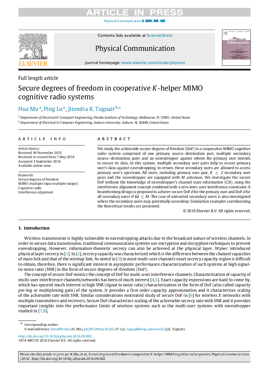 Secure degrees of freedom in cooperative K-helper MIMO cognitive radio systems