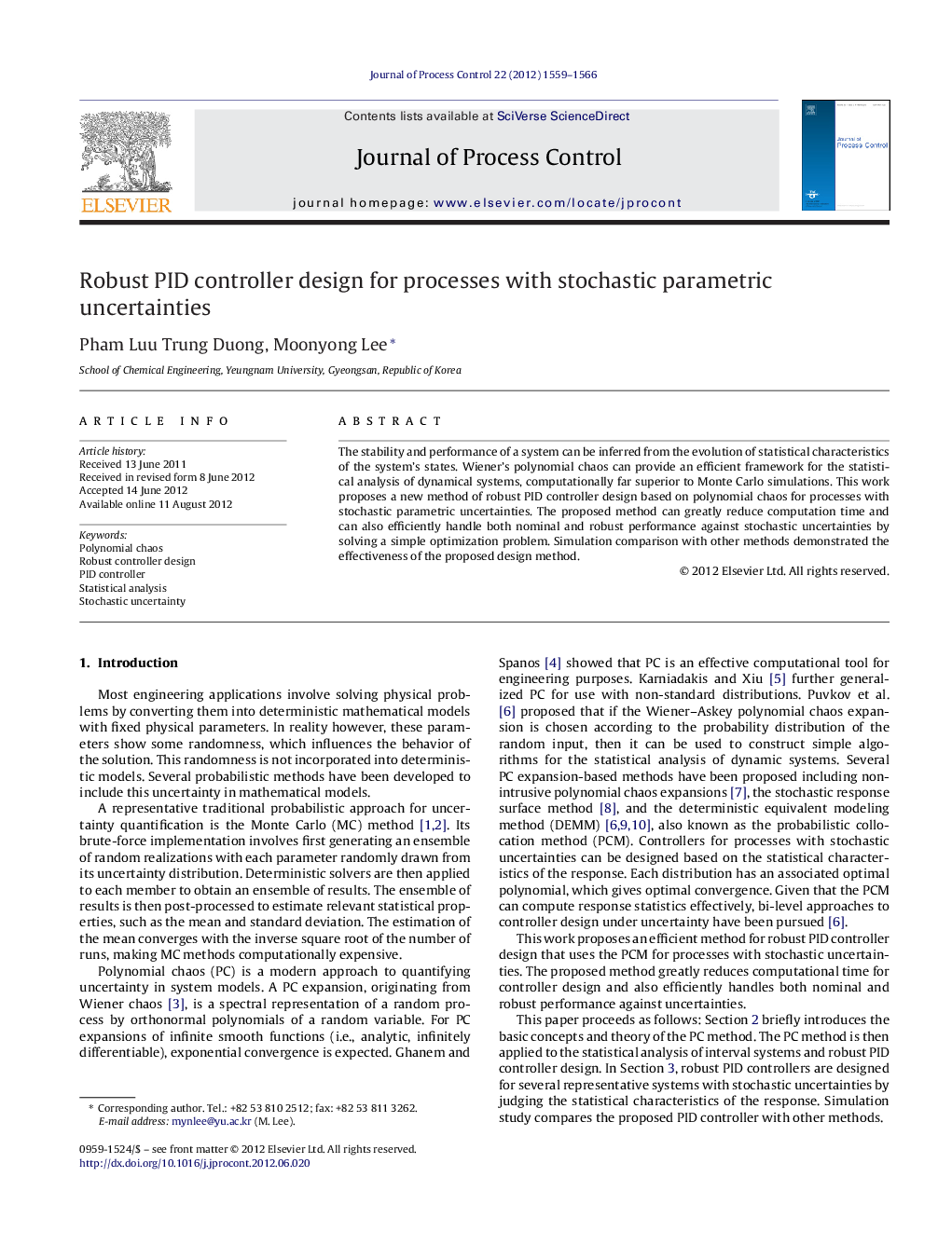 Robust PID controller design for processes with stochastic parametric uncertainties