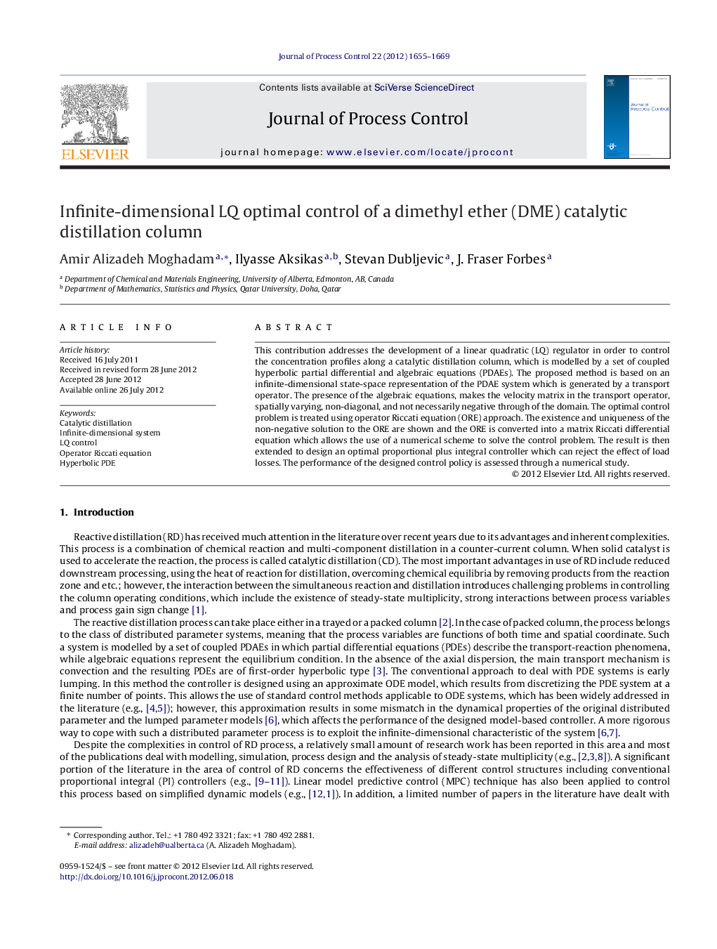 Infinite-dimensional LQ optimal control of a dimethyl ether (DME) catalytic distillation column