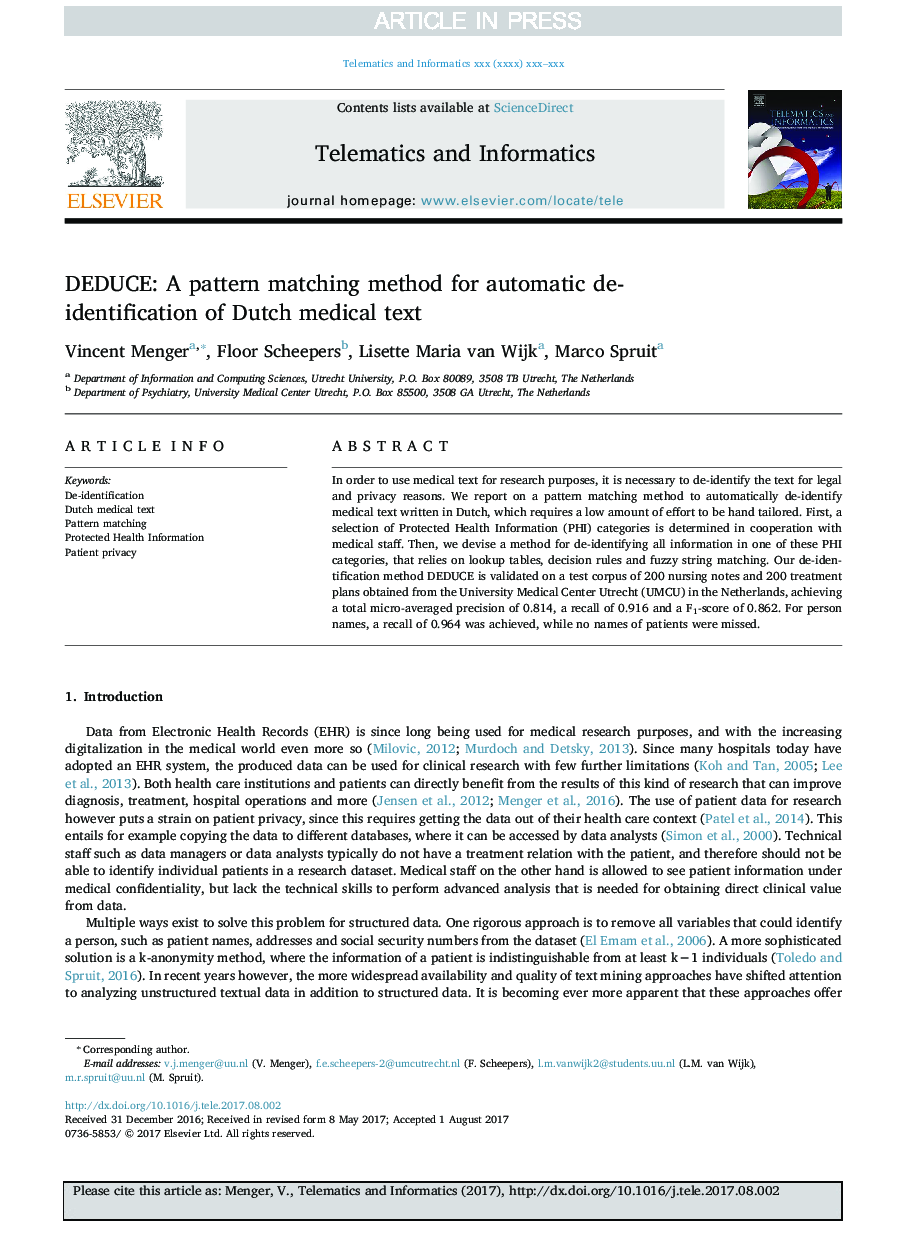 DEDUCE: A pattern matching method for automatic de-identification of Dutch medical text