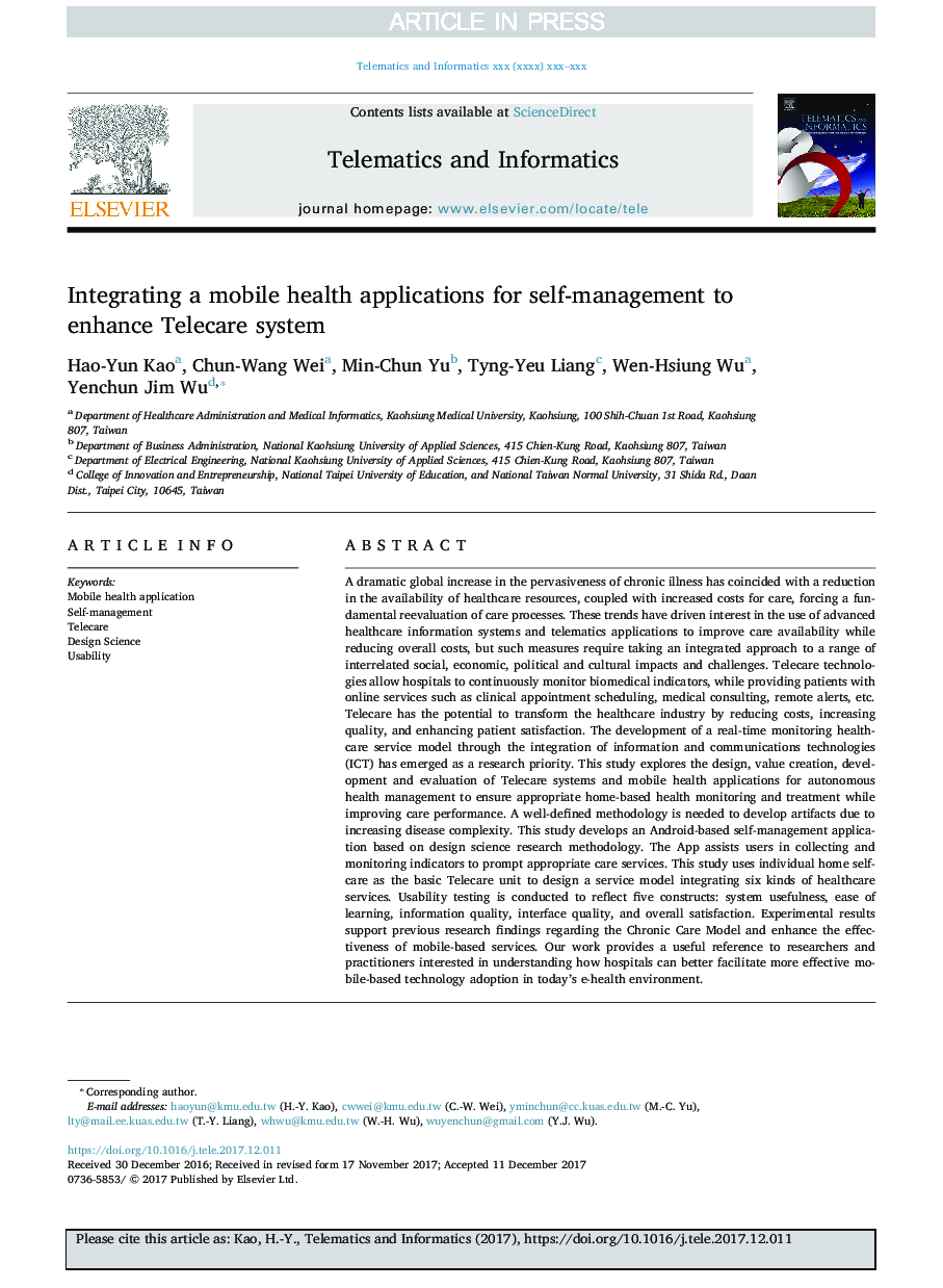 Integrating a mobile health applications for self-management to enhance Telecare system