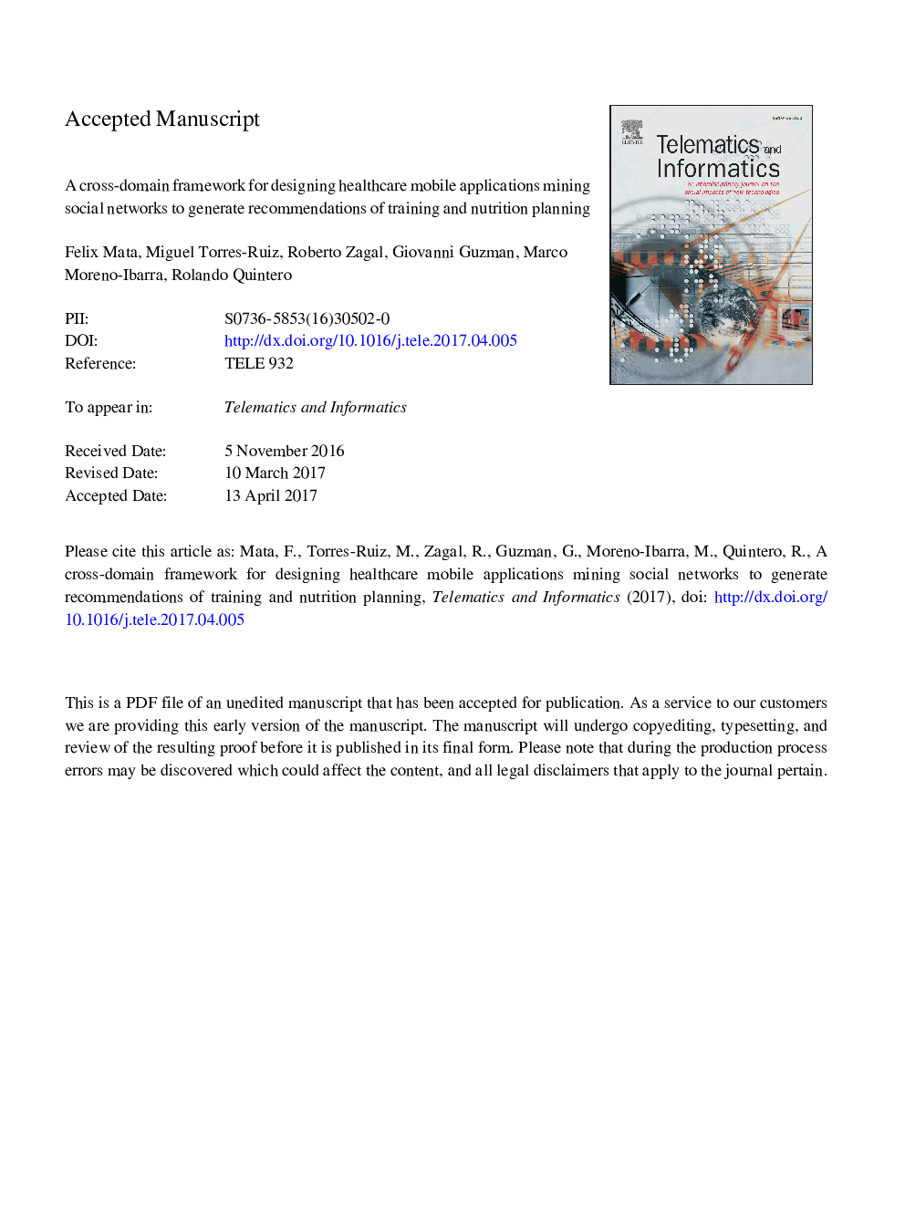 A cross-domain framework for designing healthcare mobile applications mining social networks to generate recommendations of training and nutrition planning