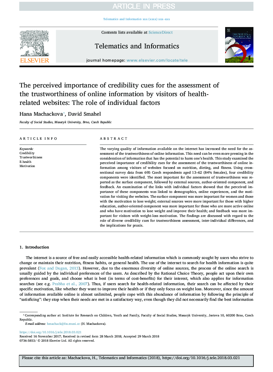 The perceived importance of credibility cues for the assessment of the trustworthiness of online information by visitors of health-related websites: The role of individual factors