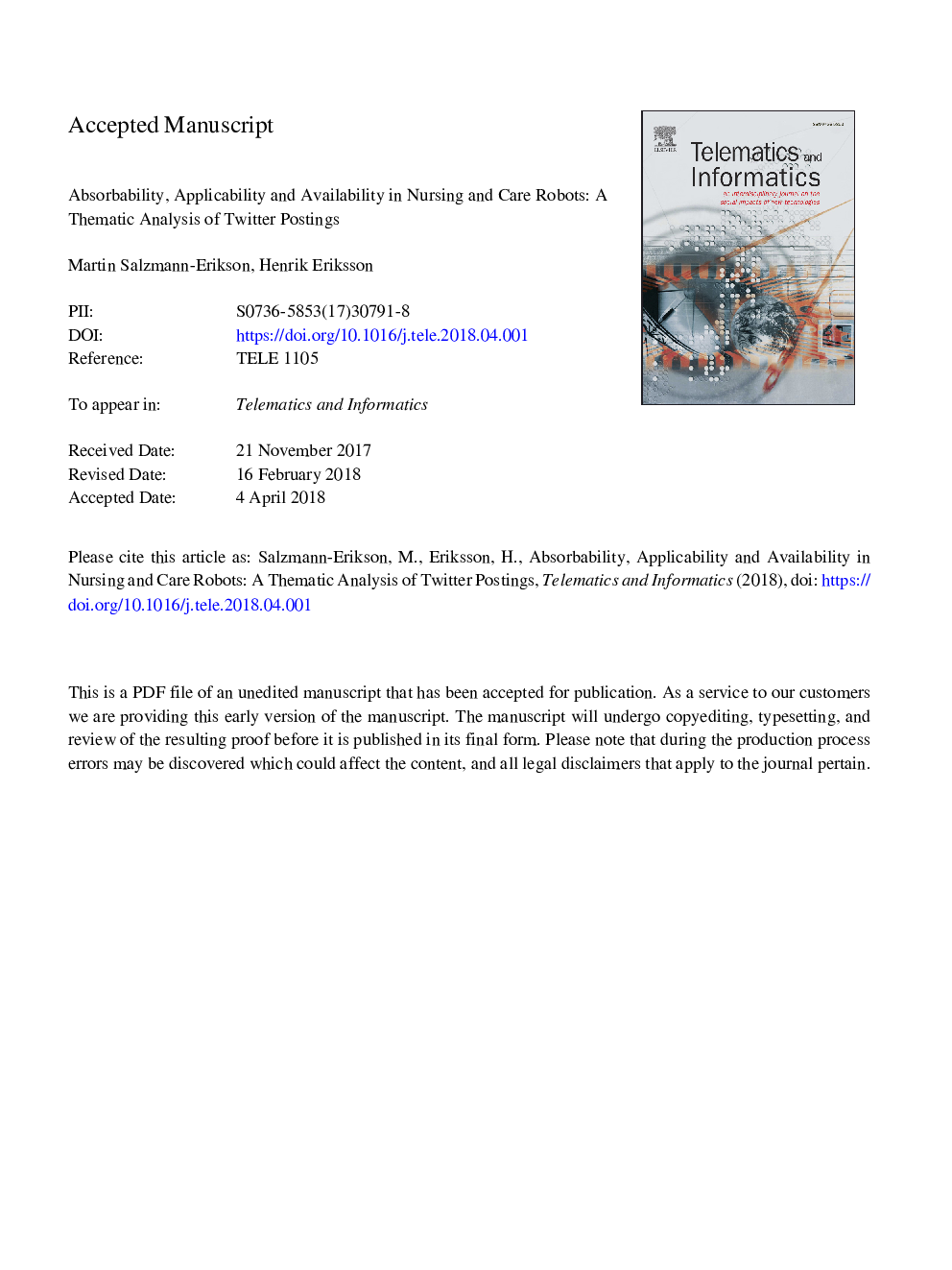 Absorbability, applicability and availability in nursing and care robots: A thematic analysis of Twitter postings