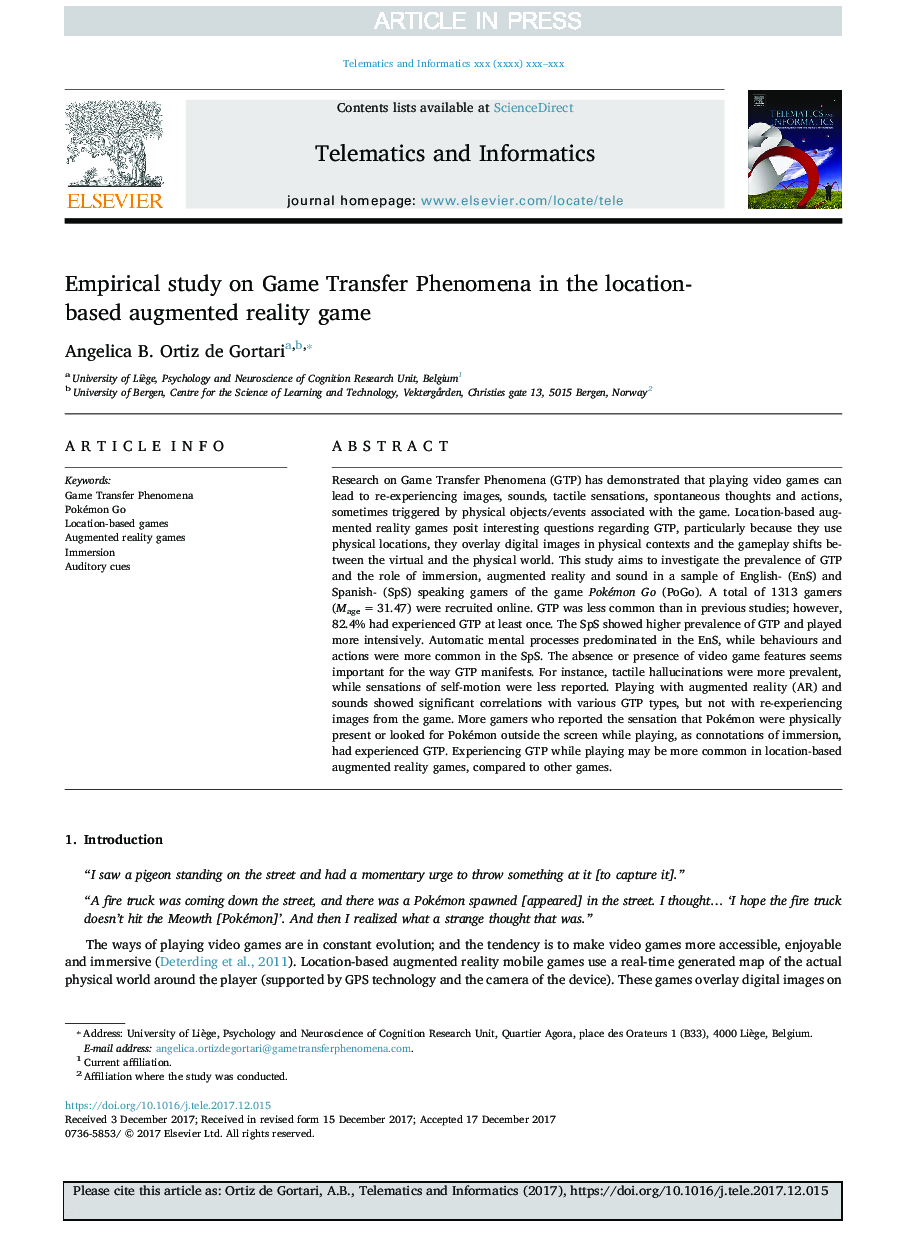 Empirical study on Game Transfer Phenomena in a location-based augmented reality game