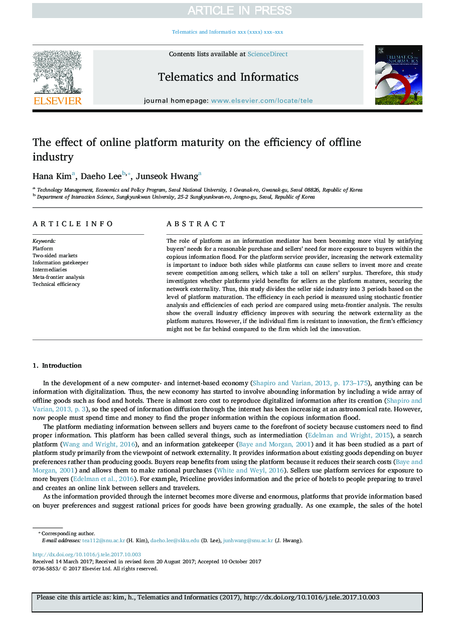 The effect of online platform maturity on the efficiency of offline industry