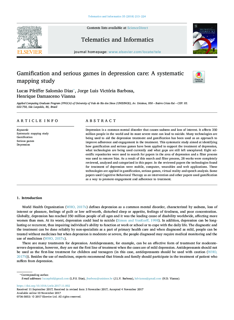 Gamification and serious games in depression care: A systematic mapping study