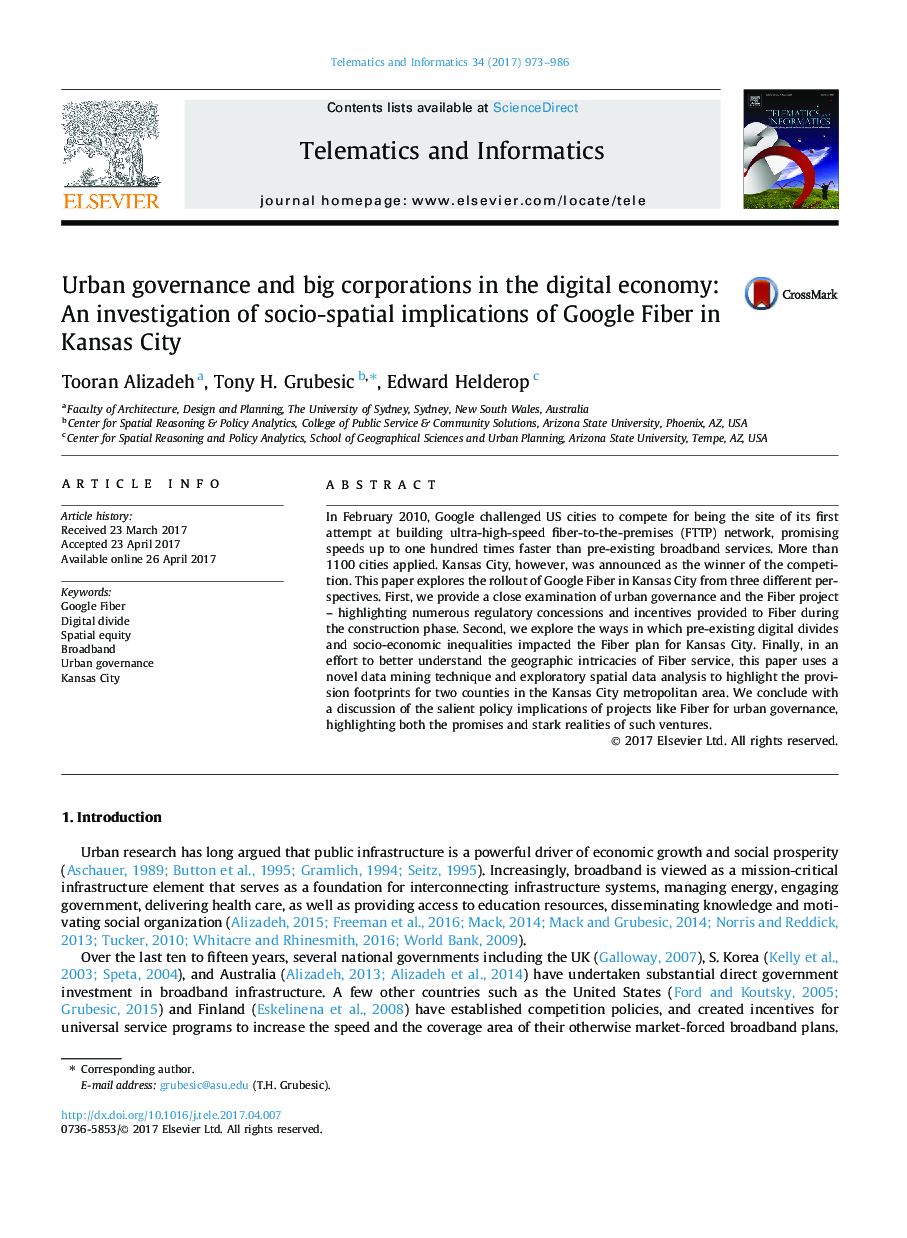 حکومتداری شهری و شرکت های بزرگ در اقتصاد دیجیتال: بررسی پیامدهای اجتماعی و فضایی فیبر گوگل در کانزاس سیتی 