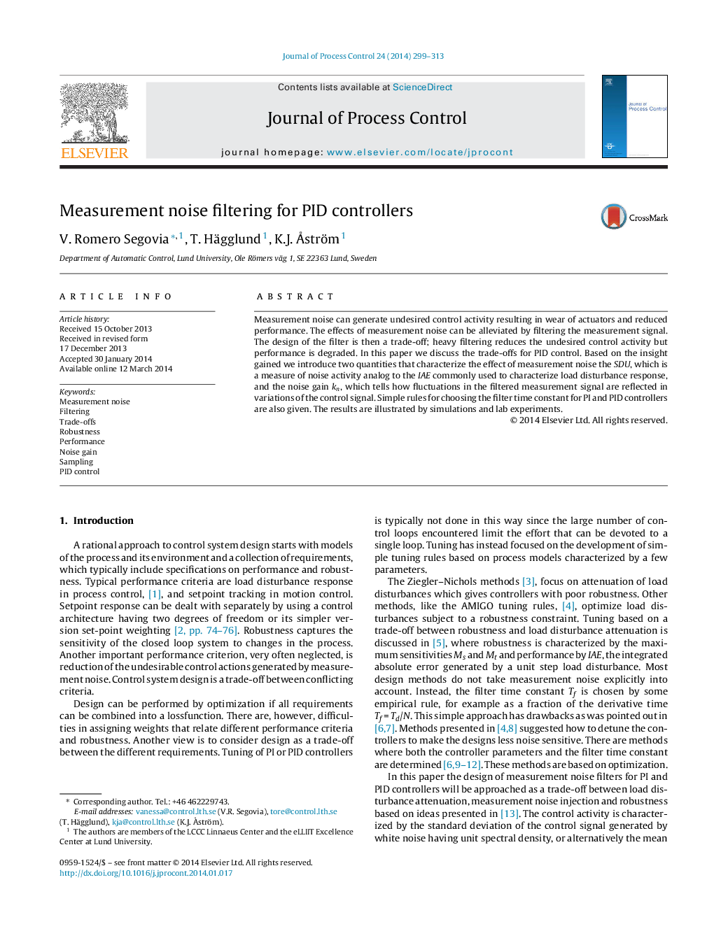 Measurement noise filtering for PID controllers