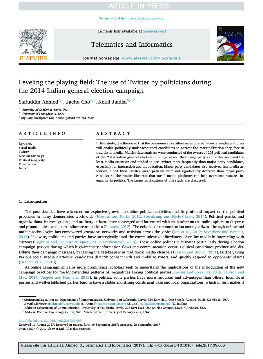 همسطح کردن زمین بازی: استفاده از توییتر توسط سیاستمداران در طول انتخابات عمومی انتخابات سال 2014 در هند 