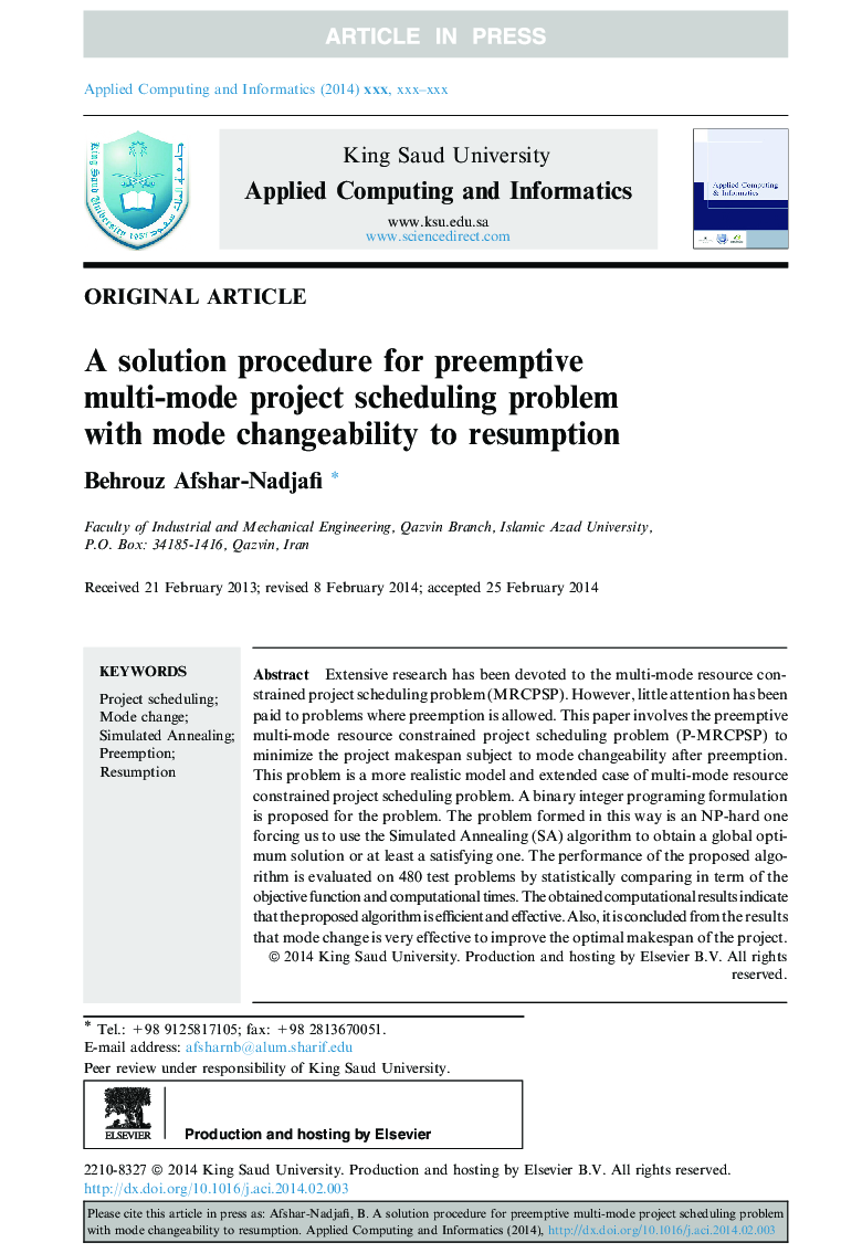 A solution procedure for preemptive multi-mode project scheduling problem with mode changeability to resumption