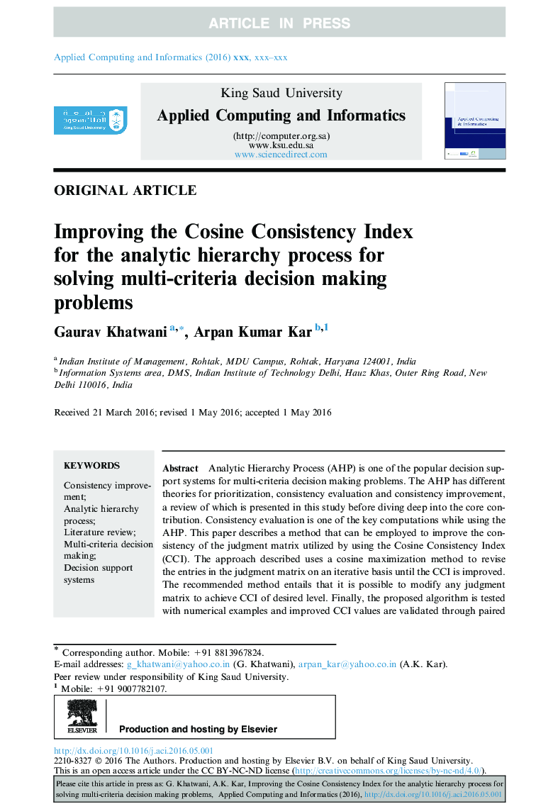 Improving the Cosine Consistency Index for the analytic hierarchy process for solving multi-criteria decision making problems