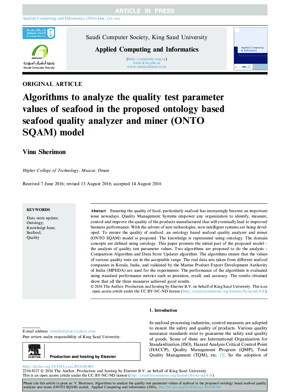 Algorithms to analyze the quality test parameter values of seafood in the proposed ontology based seafood quality analyzer and miner (ONTO SQAM) model