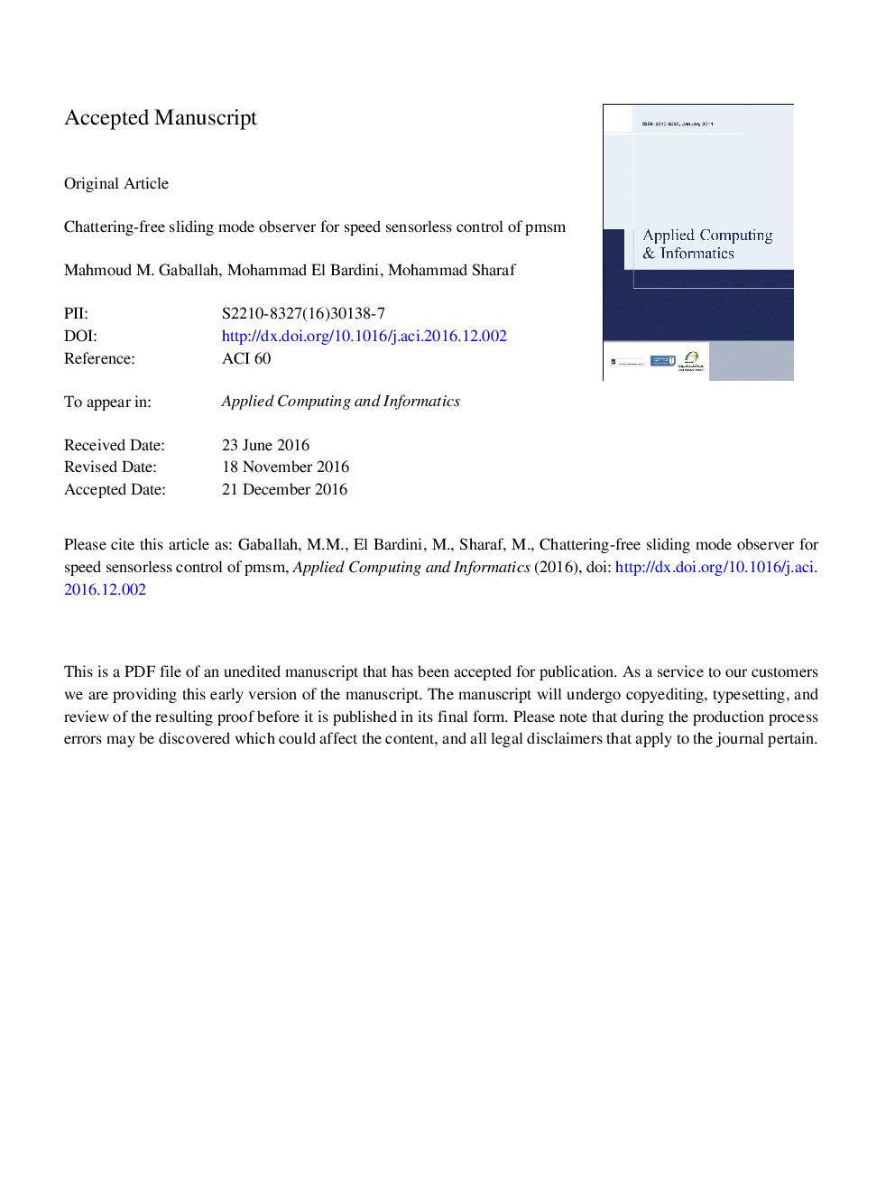 Chattering-free sliding mode observer for speed sensorless control of PMSM