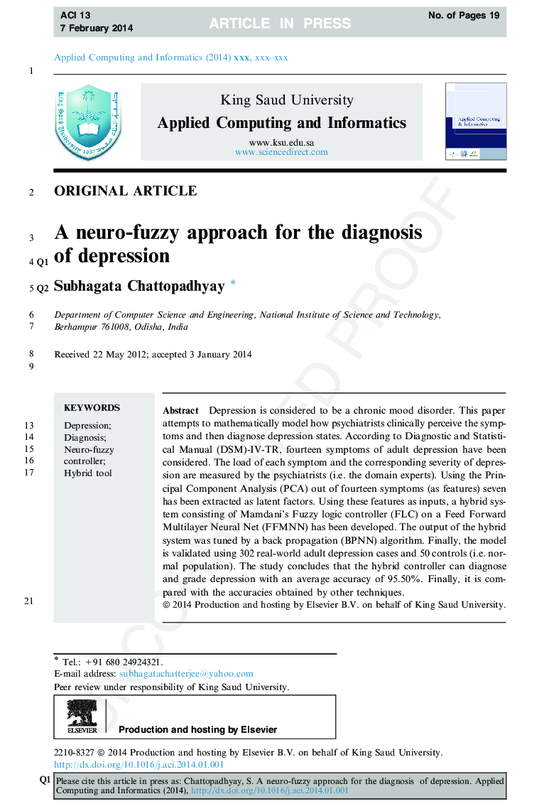 A neuro-fuzzy approach for the diagnosis of depression