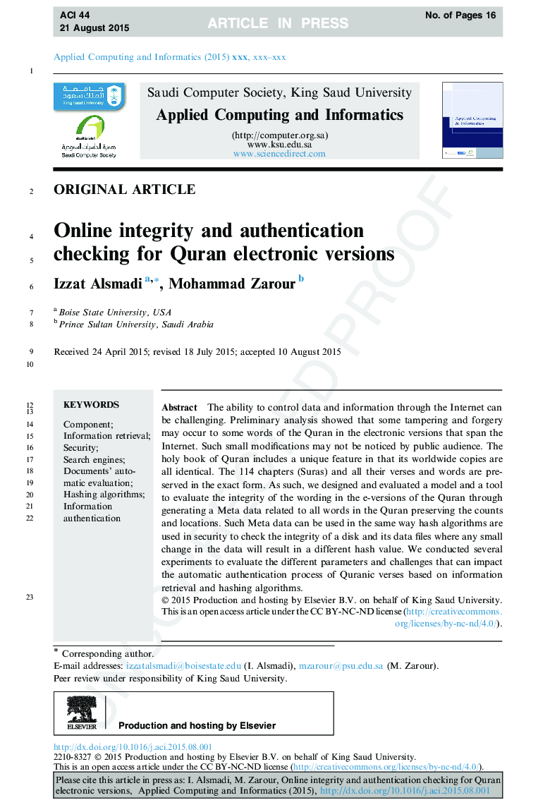 Online integrity and authentication checking for Quran electronic versions