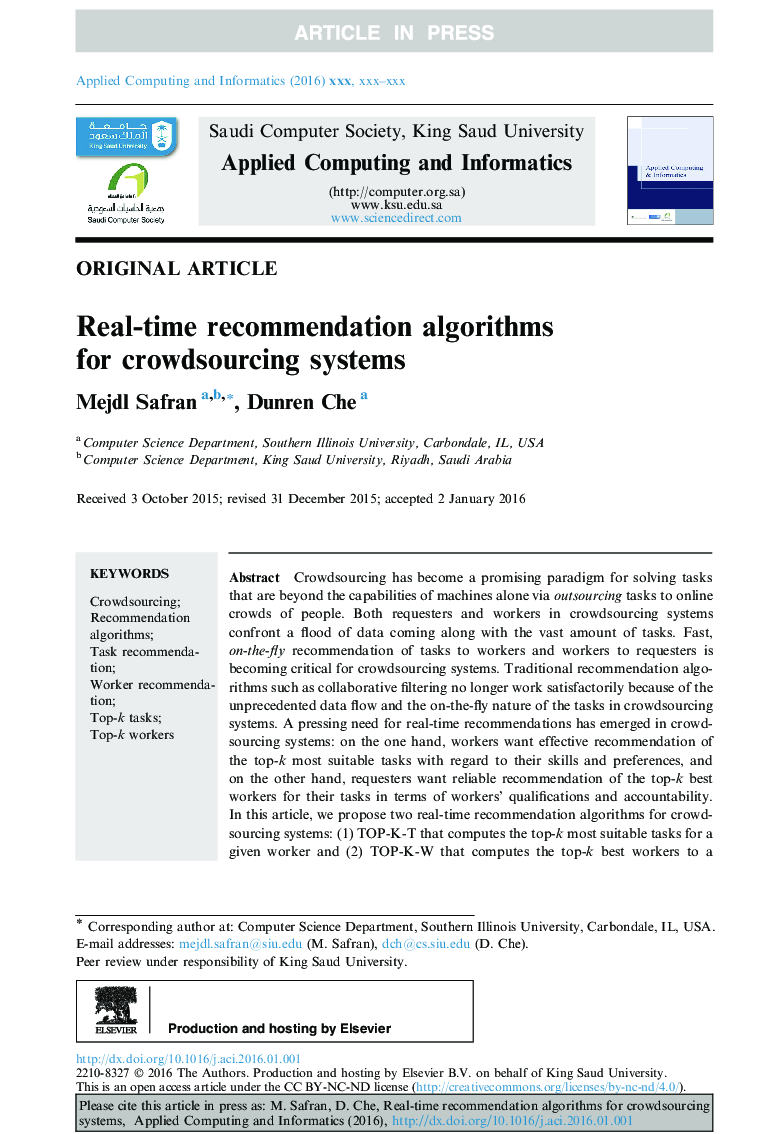 Real-time recommendation algorithms for crowdsourcing systems