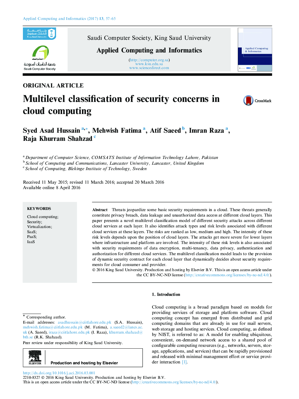 Multilevel classification of security concerns in cloud computing