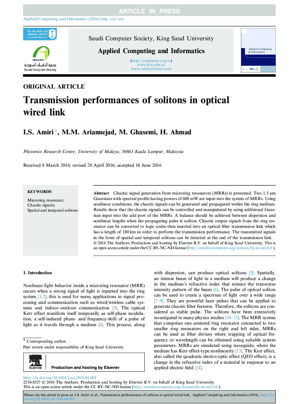 Transmission performances of solitons in optical wired link