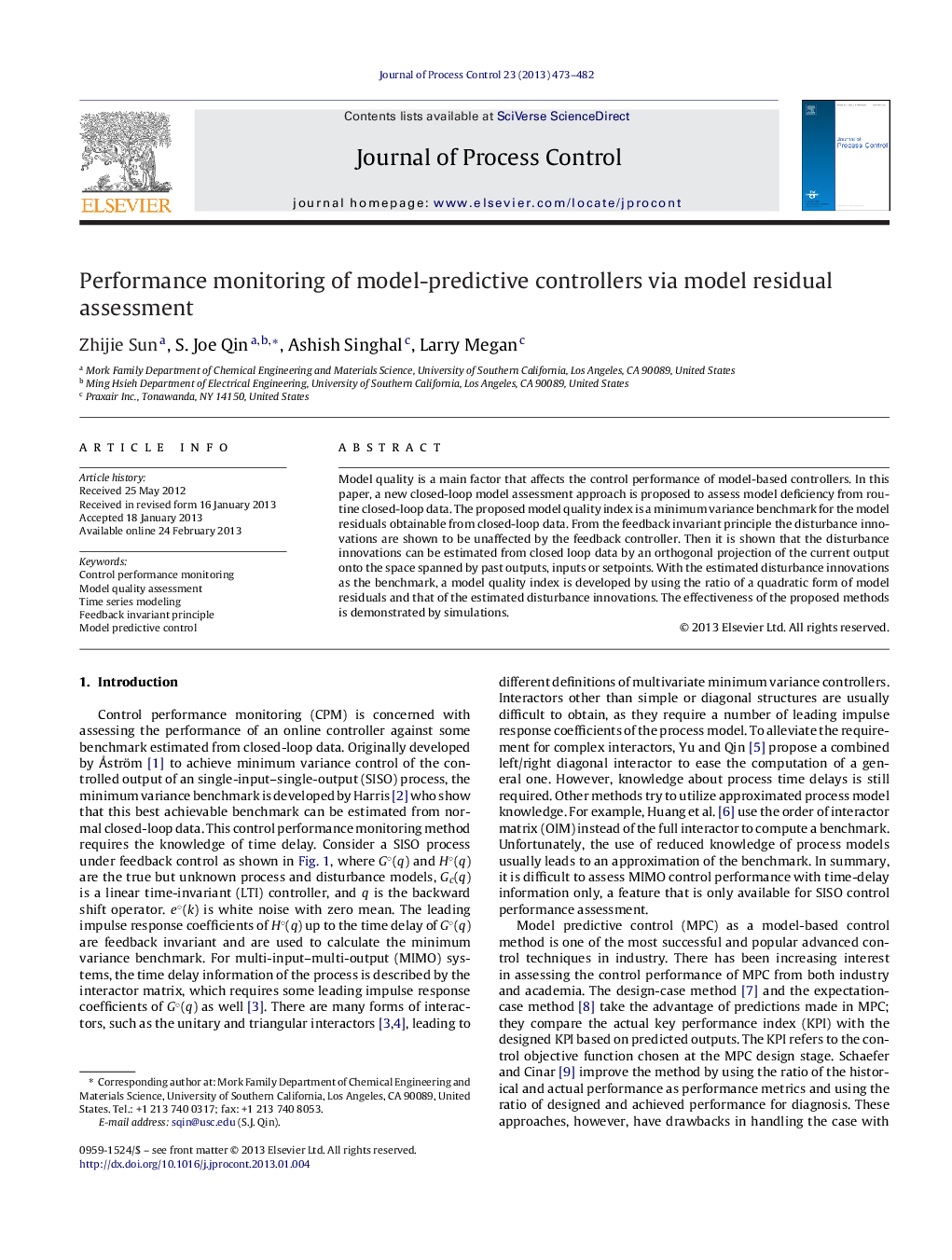 Performance monitoring of model-predictive controllers via model residual assessment