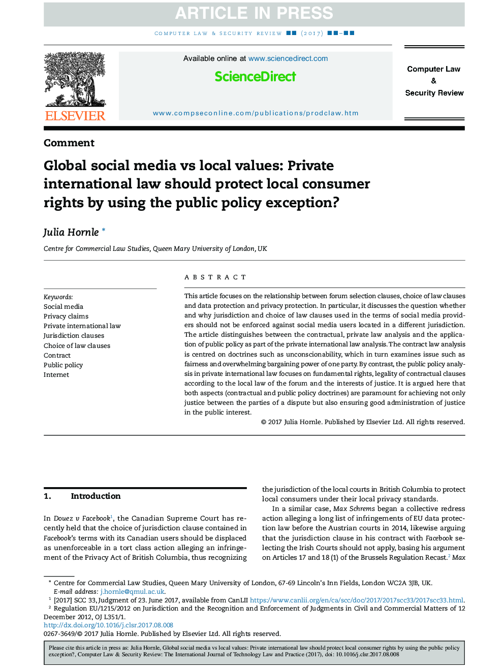 Global social media vs local values: Private international law should protect local consumer rights by using the public policy exception?
