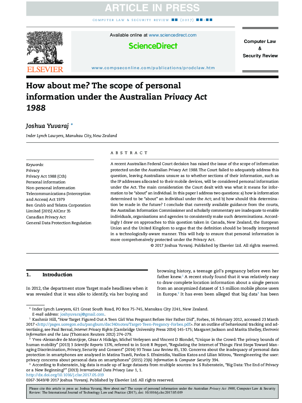 How about me? The scope of personal information under the Australian Privacy Act 1988