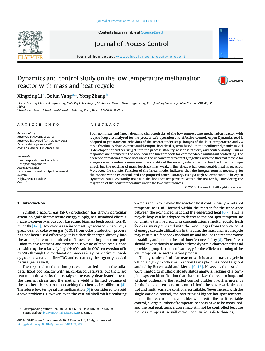 Dynamics and control study on the low temperature methanation reactor with mass and heat recycle