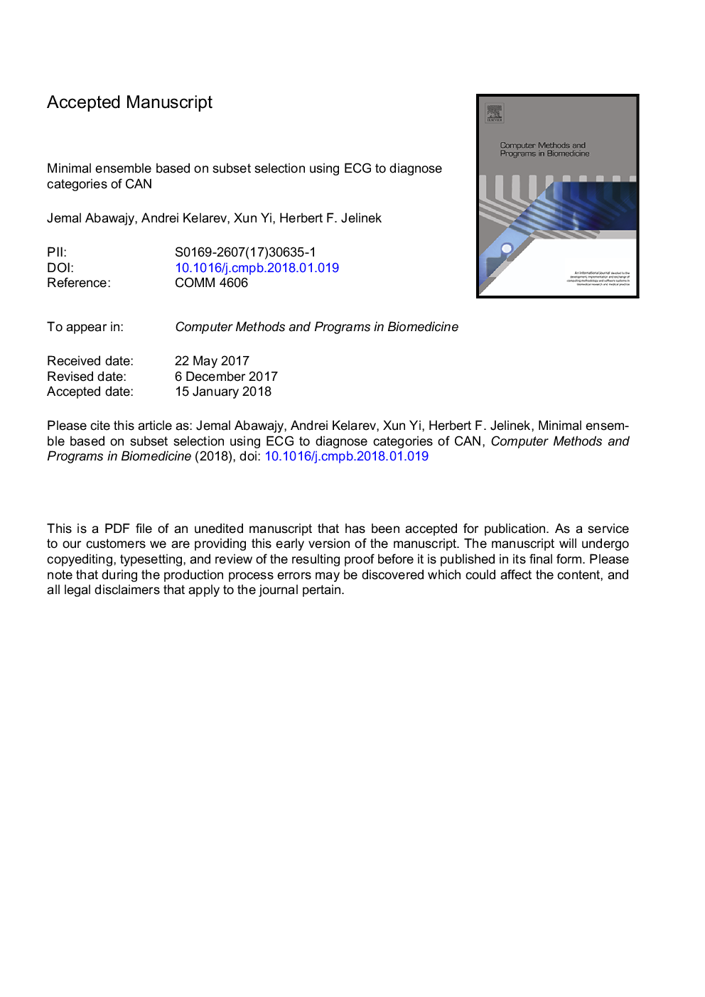 Minimal ensemble based on subset selection using ECG to diagnose categories of CAN