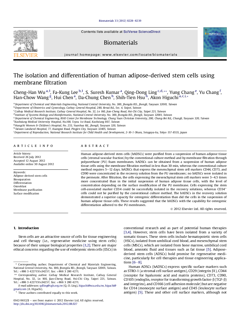 The isolation and differentiation of human adipose-derived stem cells using membrane filtration