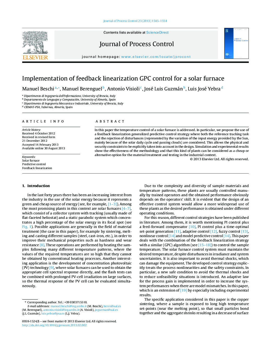 Implementation of feedback linearization GPC control for a solar furnace