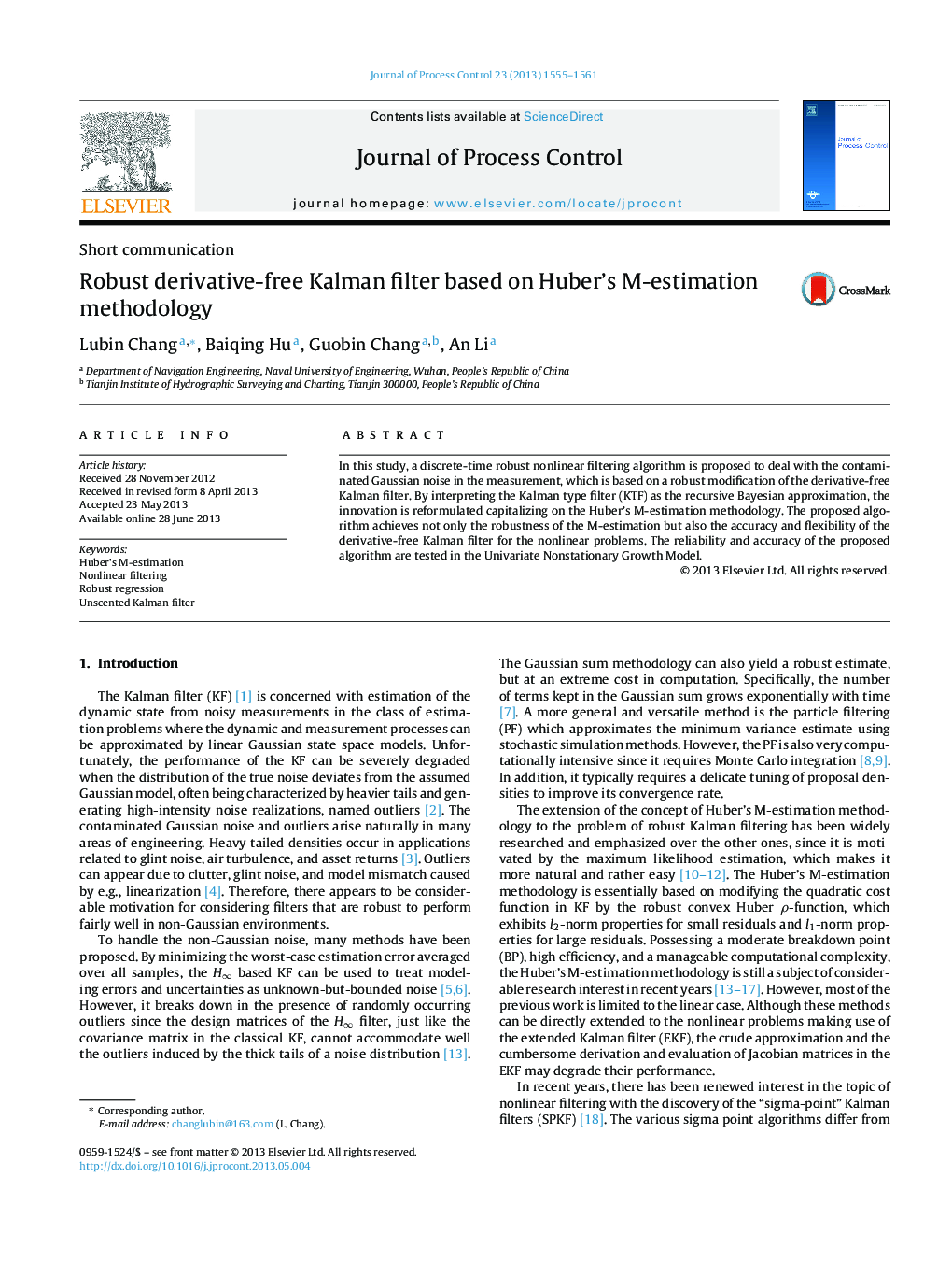 Robust derivative-free Kalman filter based on Huber's M-estimation methodology