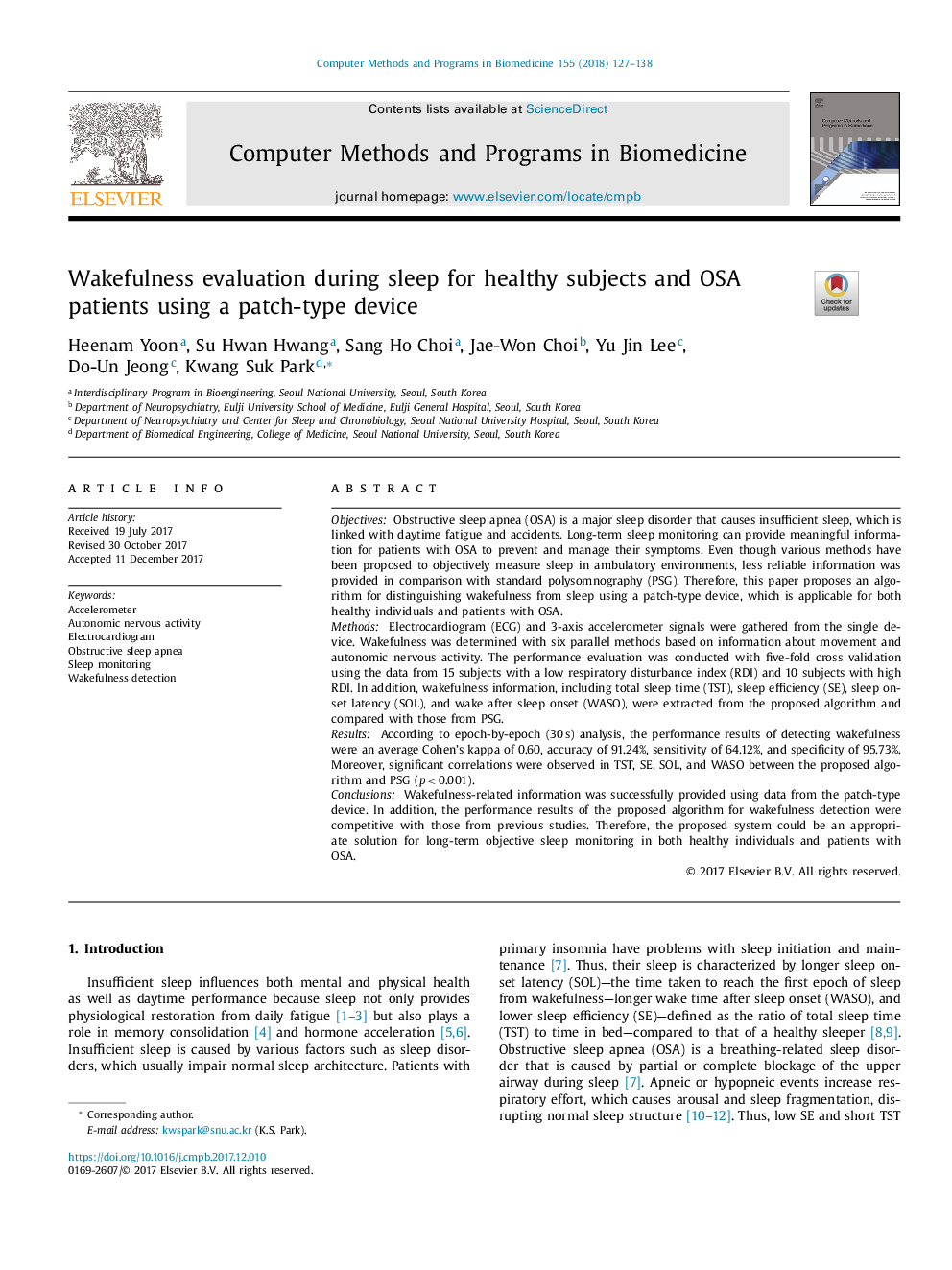 Wakefulness evaluation during sleep for healthy subjects and OSA patients using a patch-type device