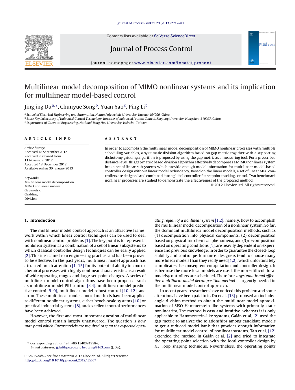 Multilinear model decomposition of MIMO nonlinear systems and its implication for multilinear model-based control