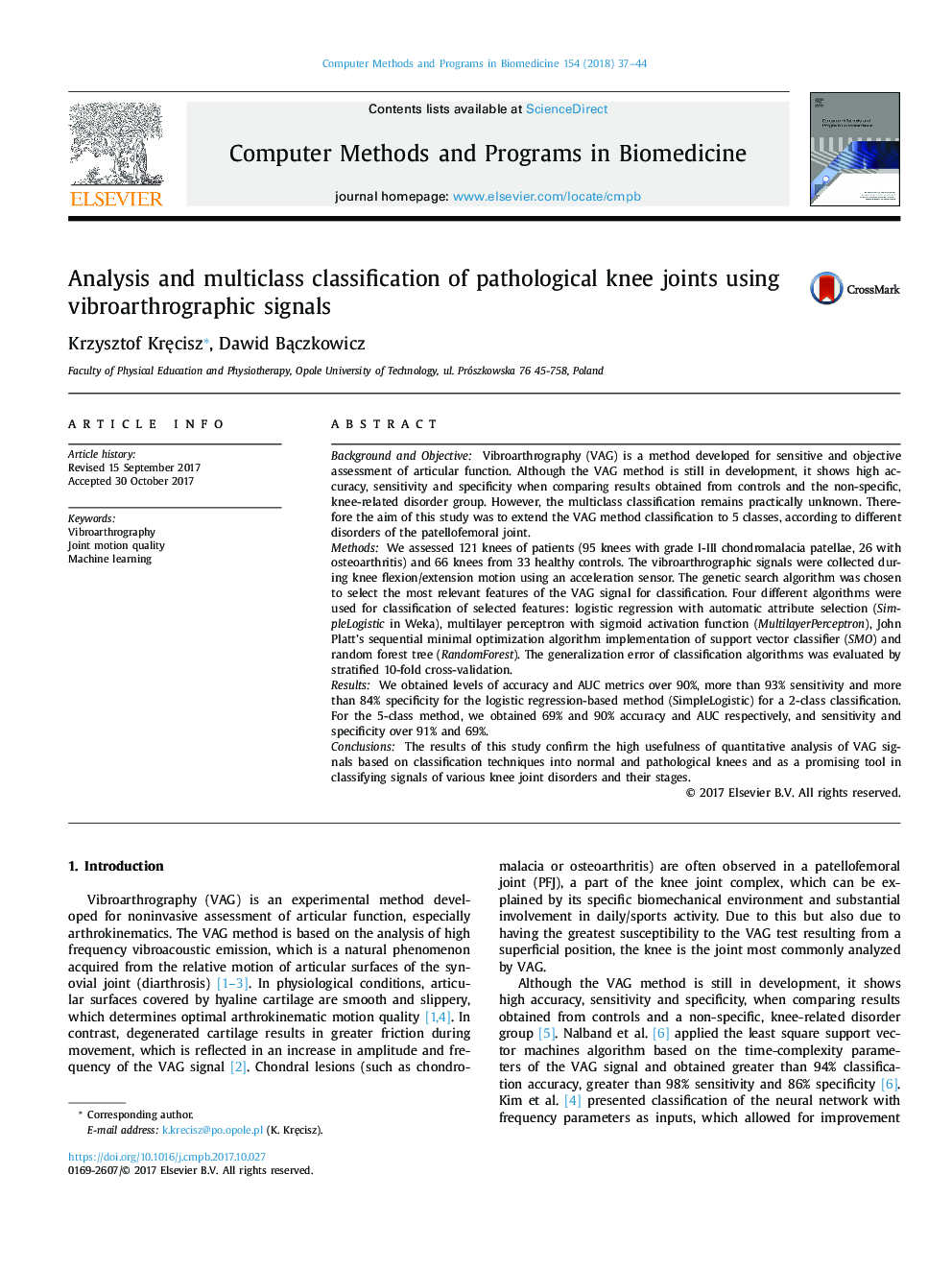 Analysis and multiclass classification of pathological knee joints using vibroarthrographic signals