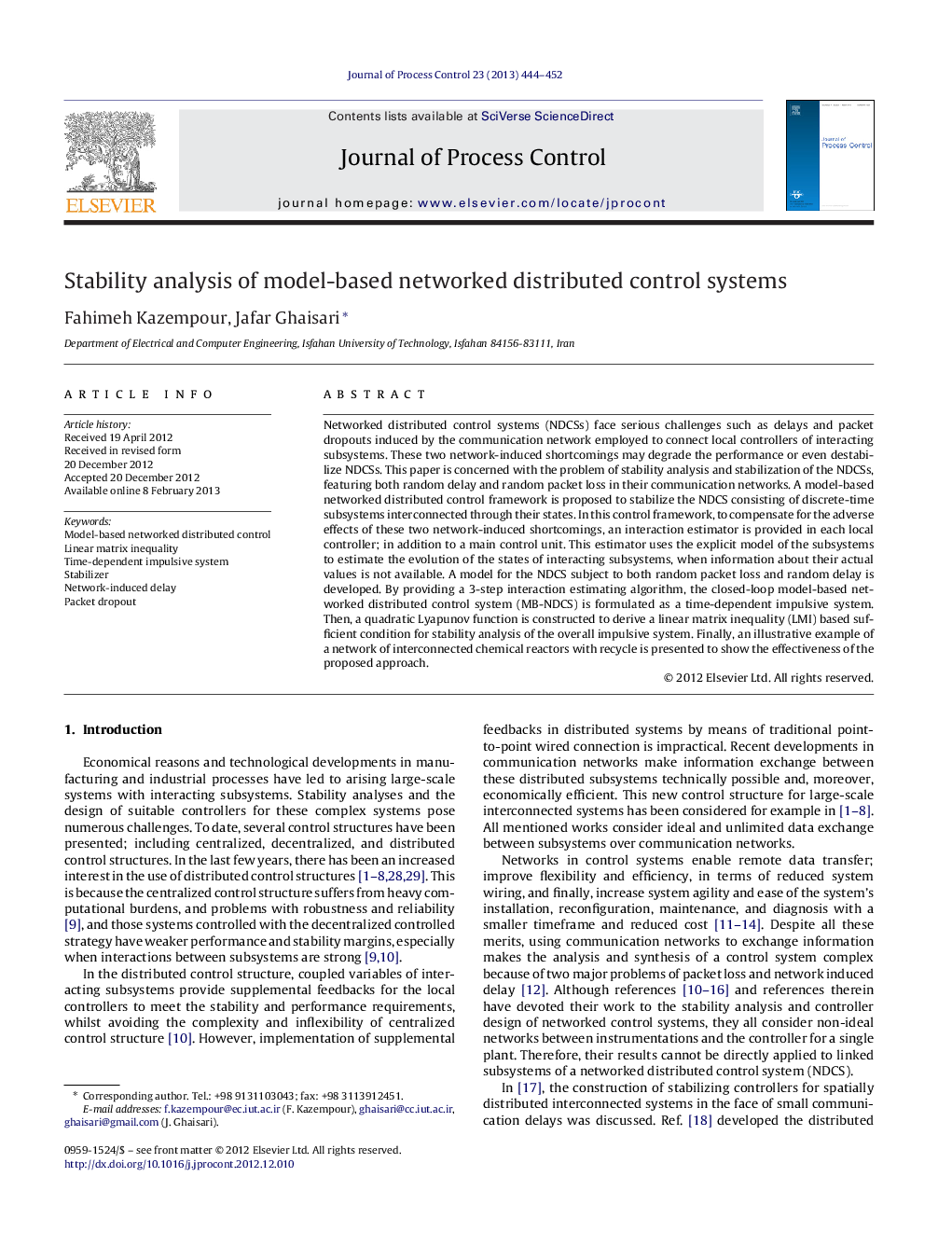 Stability analysis of model-based networked distributed control systems