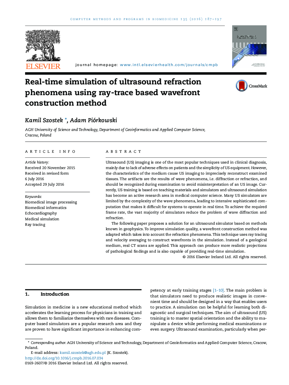 Real-time simulation of ultrasound refraction phenomena using ray-trace based wavefront construction method