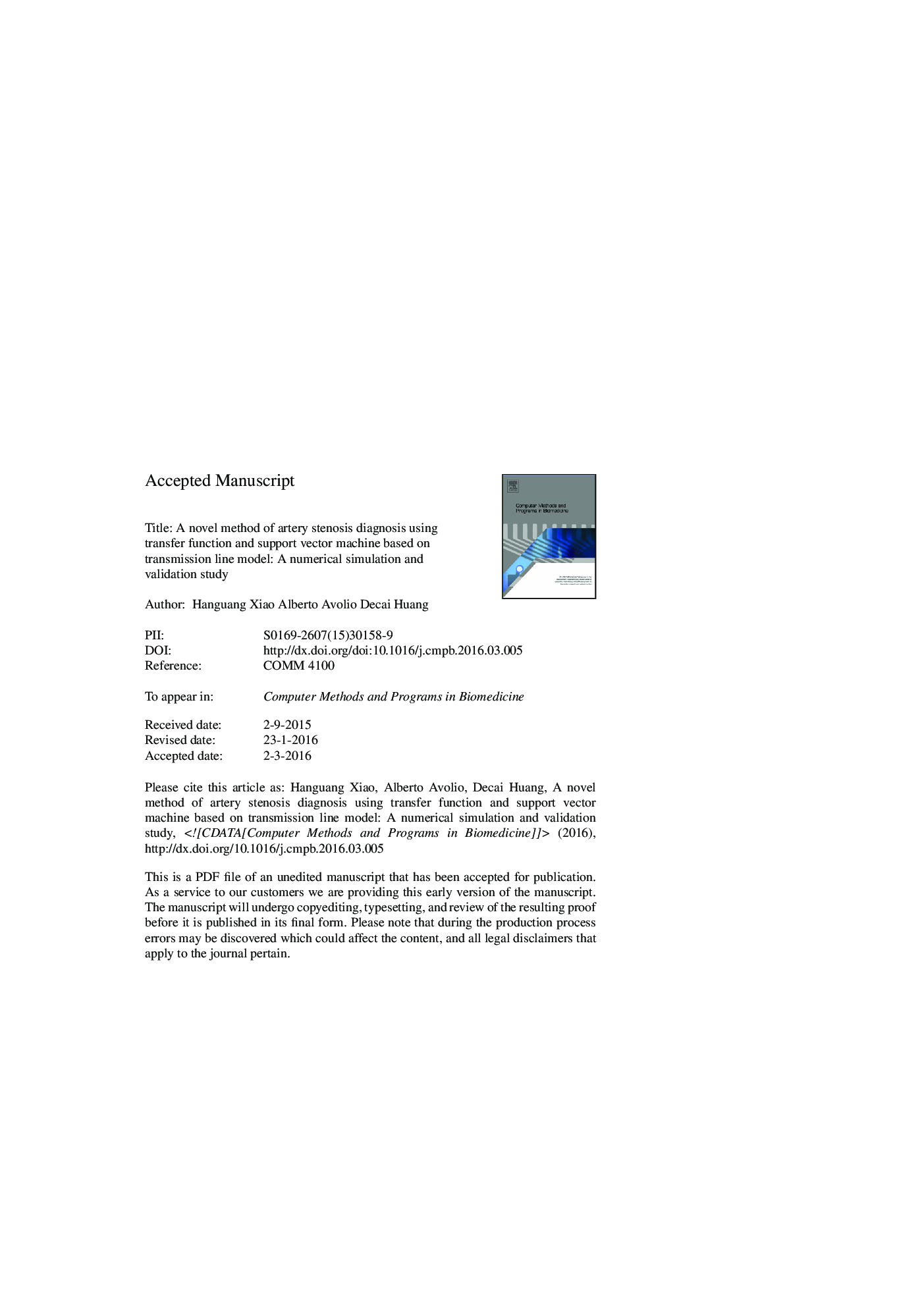 A novel method of artery stenosis diagnosis using transfer function and support vector machine based on transmission line model: A numerical simulation and validation study