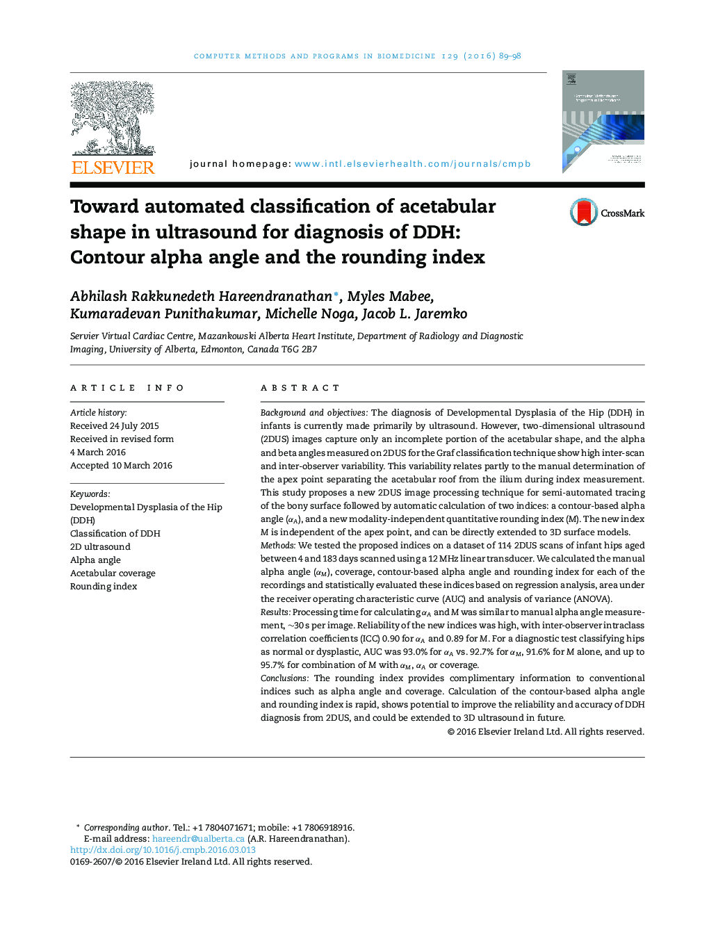 Toward automated classification of acetabular shape in ultrasound for diagnosis of DDH: Contour alpha angle and the rounding index