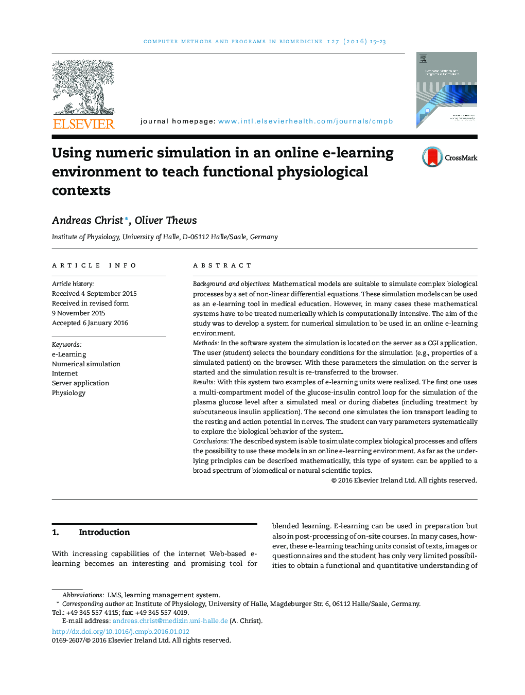 Using numeric simulation in an online e-learning environment to teach functional physiological contexts