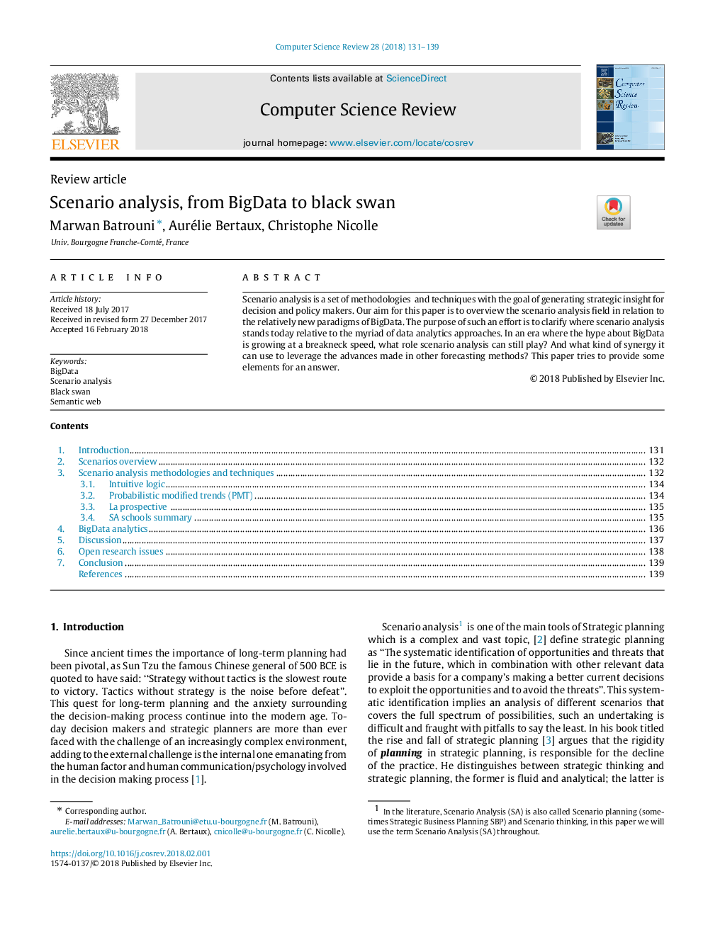 Scenario analysis, from BigData to black swan