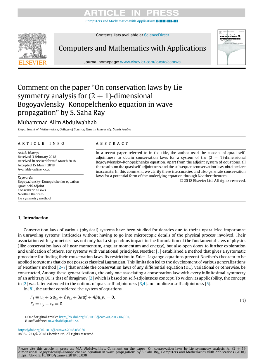 Comment on the paper “On conservation laws by Lie symmetry analysis for (2+1)-dimensional Bogoyavlensky-Konopelchenko equation in wave propagation” by S. Saha Ray