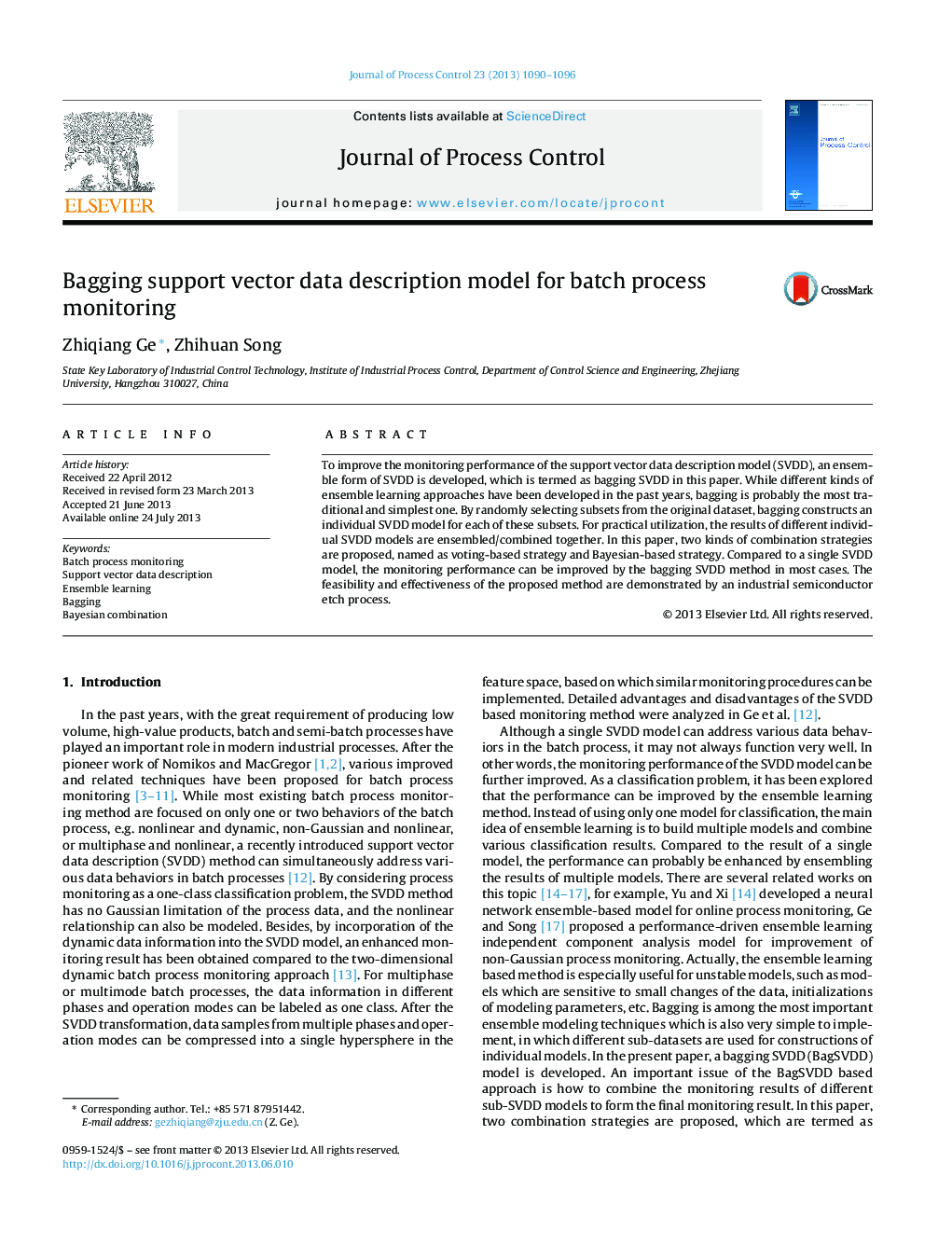 Bagging support vector data description model for batch process monitoring