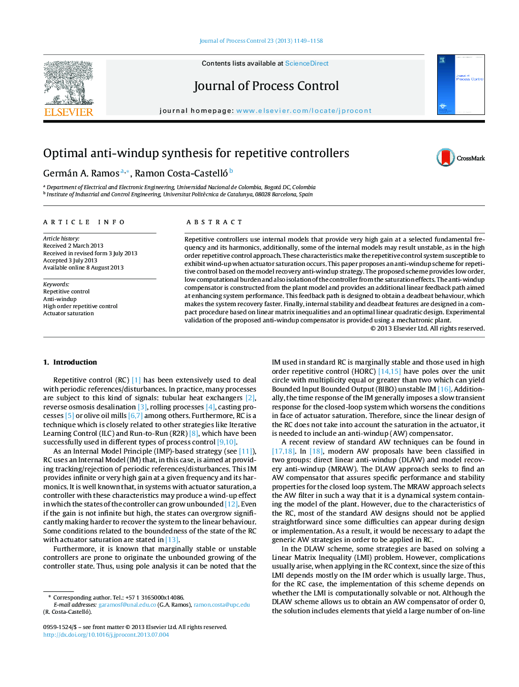 Optimal anti-windup synthesis for repetitive controllers