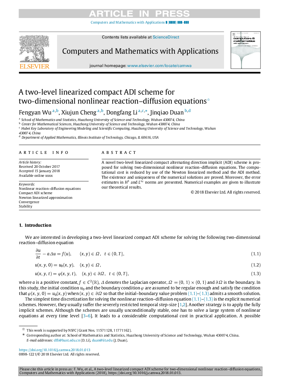 عکس صفحه اول مقاله: A two-level linearized compact ADI scheme for two-dimensional nonlinear reaction-diffusion equations A two-level linearized compact ADI scheme for two-dimensional nonlinear reaction-diffusion equations