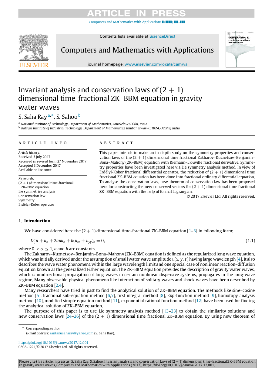 Invariant analysis and conservation laws of (2+1) dimensional time-fractional ZK-BBM equation in gravity water waves