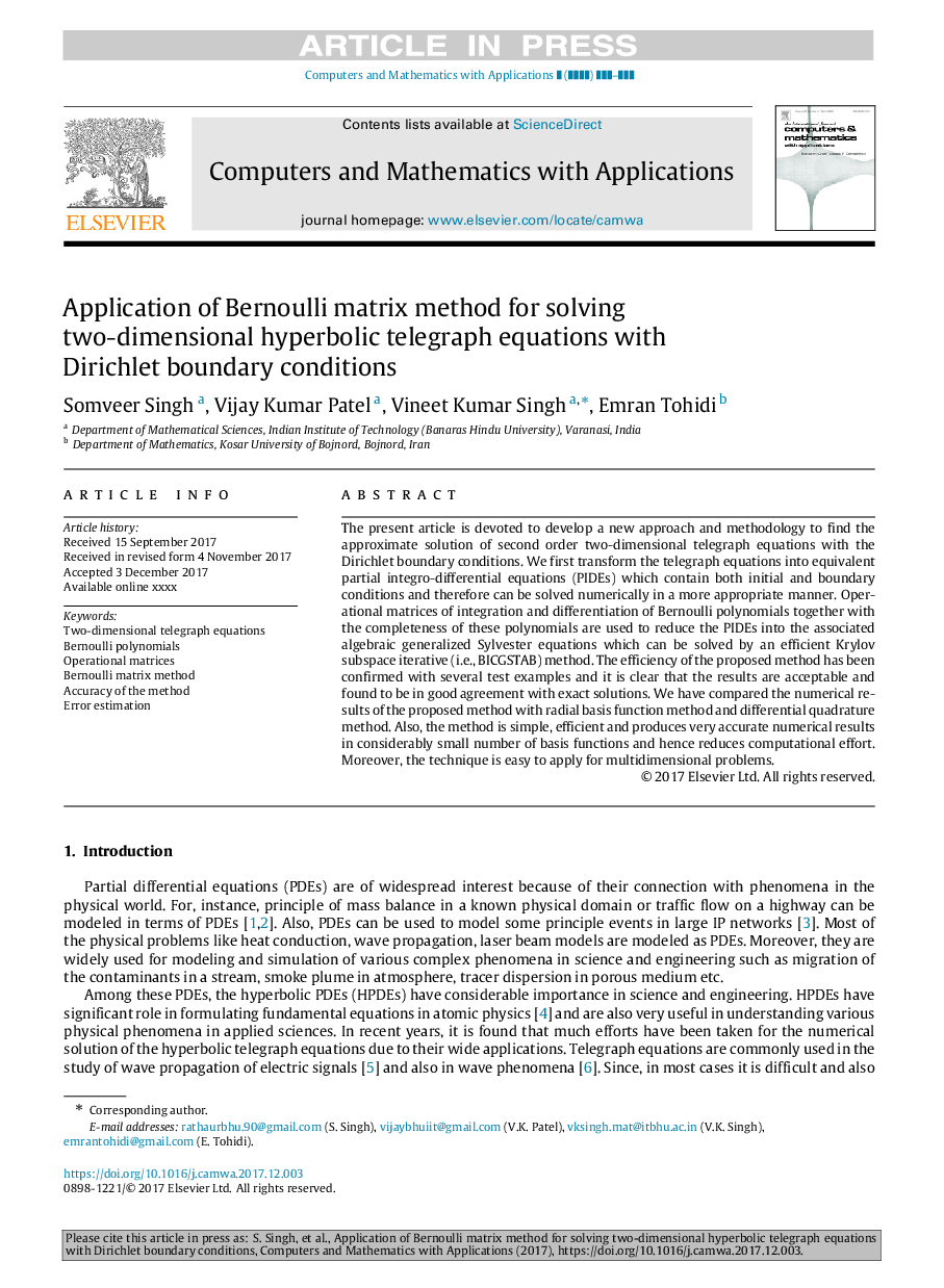 Application of Bernoulli matrix method for solving two-dimensional hyperbolic telegraph equations with Dirichlet boundary conditions