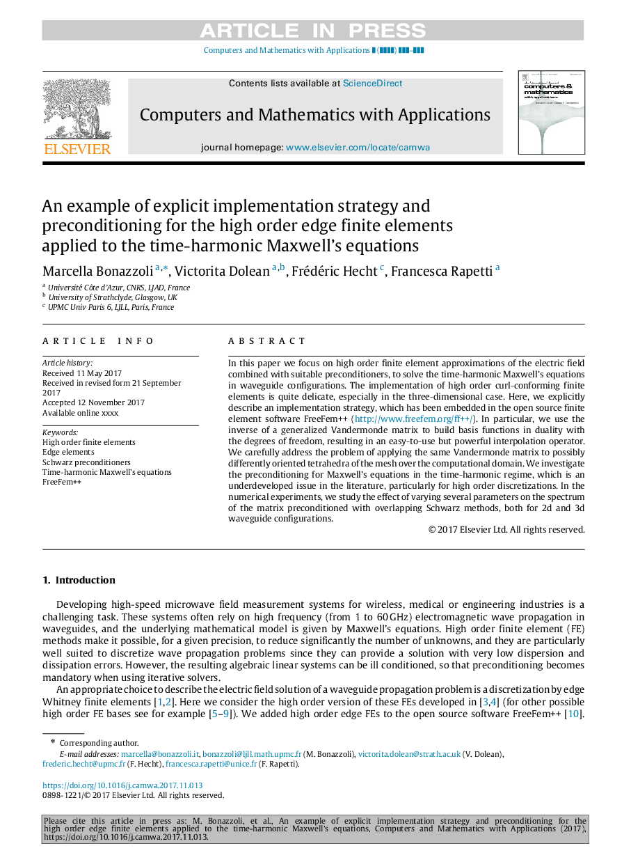 An example of explicit implementation strategy and preconditioning for the high order edge finite elements applied to the time-harmonic Maxwell's equations