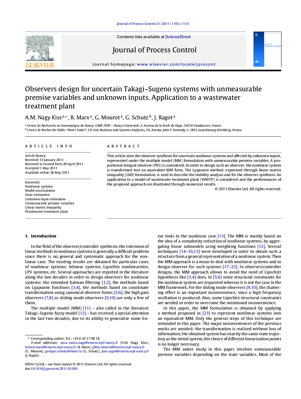 Observers design for uncertain Takagi–Sugeno systems with unmeasurable premise variables and unknown inputs. Application to a wastewater treatment plant